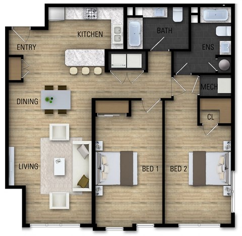Floor plan for 2 beds, 2 baths, 1171 sqft